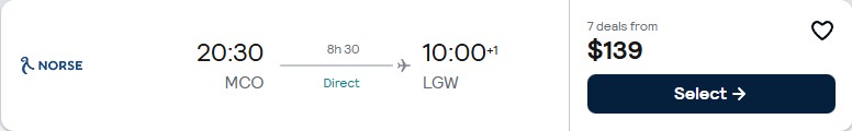 Click here to book this cheap flight deal. Non-stop, summer flights from Orlando, Florida to London, UK for only $138 one-way. Flight deal ticket image.
