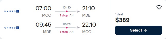 Click here to book this cheap flight deal. Summer flights from Orlando, Florida to Medellin, Colombia for only $389 roundtrip with United Airlines. Flight deal ticket image.