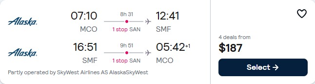 Click here to book this cheap flight deal. Cheap flights from Orlando, Florida to Sacramento, California for only $169 roundtrip with Alaska Airlines. Also works in reverse. Flight deal ticket image.