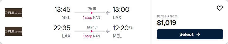 Click here to book this cheap flight deal. Cheap flights from Melbourne, Australia to Los Angeles, USA for only $1019 AUD roundtrip with Fiji Airways. Flight deal ticket image.