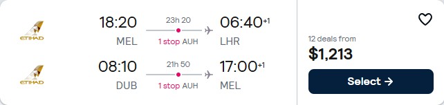 Open-jaw flights from Melbourne, Australia to London, UK returning from European cities from only $1213 AUD roundtrip with Etihad Airways. Flight deal ticket image.