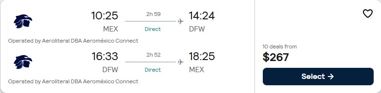 Non-stop flights from Mexico City, Mexico to Dallas, Texas for only $267 USD roundtrip with Aeromexico. Flight deal ticket image.