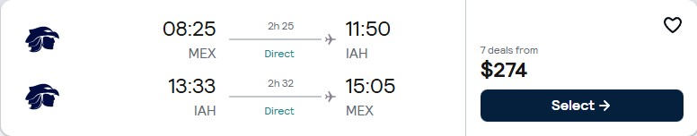 Click here to book this cheap flight deal. Non-stop flights from Mexico City, Mexico to Houston, Texas for only $274 USD roundtrip with Aeromexico. Flight deal ticket image.