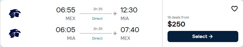 Non-stop, summer flights from Mexico City, Mexico to Miami, USA for only $250 USD roundtrip with Aeromexico. Flight deal ticket image.