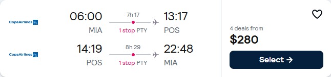 Summer flights from Miami to Trinidad for only $280 roundtrip with Copa Airlines. Flight deal ticket image.