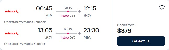 Click here to book this cheap flight deal. Cheap flights from Miami to the Galapagos Islands for only $379 roundtrip with Avianca. Flight deal ticket image.