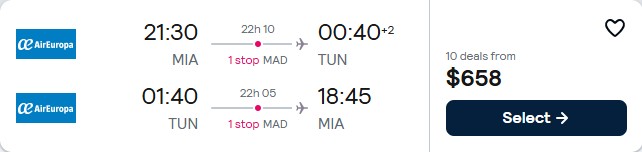 Click here to book this cheap flight deal. Cheap flights from Miami to Tunis, Tunisia for only $658 roundtrip with Air Europa. Flight deal ticket image.