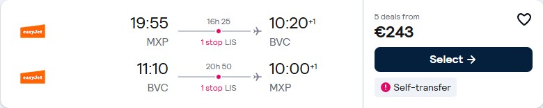 Click here to book this cheap flight deal. Cheap flights from Milan, Italy to Boa Vista, Cape Verde for only €243 roundtrip. Flight deal ticket image.