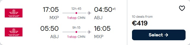 Cheap flights from Milan, Italy to Abidjan, Ivory Coast for only €419 roundtrip with Royal Air Maroc. Flight deal ticket image.