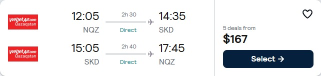 Non-stop flights from Astana, Kazakhstan to Samarkand, Uzbekistan for only $167 USD roundtrip. Flight deal ticket image.