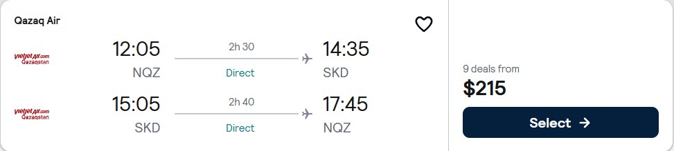 Non-stop flights from Astana, Kazakhstan to Samarkand, Uzbekistan for only $215 USD roundtrip. Flight deal ticket image.