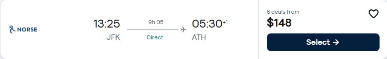 Click here to book this cheap flight deal. Non-stop flights from New York to Athens, Greece for only $148 one-way. Flight deal ticket image.