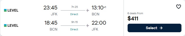 Non-stop flights from New York to Barcelona, Spain for only $411 roundtrip. Flight deal ticket image.