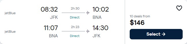 Click here to book this cheap flight deal. Non-stop, summer flights from New York to Nashville for only $146 roundtrip with JetBlue. Also works in reverse. Flight deal ticket image.