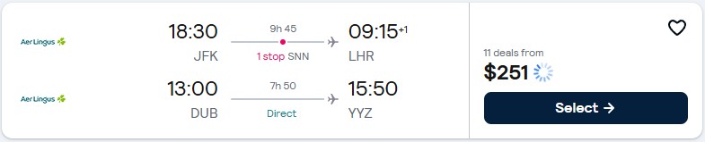 Click here to book this cheap flight deal. Error Fare, open-jaw, summer flights from the US to Europe, returning to Canada from only $251. Flight deal ticket image.
