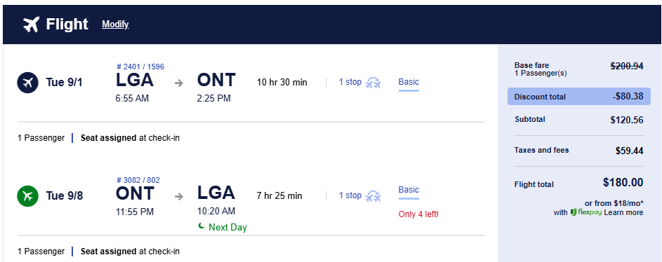 Click here to book this cheap flight deal. Non-stop flights from New York, USA to Ontario, USA for only $180 roundtrip. Flight deal ticket image.