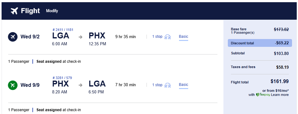 Click here to book this cheap flight deal. Non-stop flights from New York, USA to Phoenix, USA for only $161 roundtrip. Also works in reverse. Flight deal ticket image.