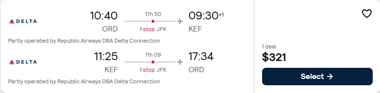Click here to book this cheap flight deal. Cheap flights from Chicago to Reykjavik, Iceland for only $321 roundtrip with Delta Air Lines. Flight deal ticket image.