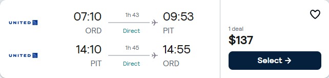 Click here to book this cheap flight deal. Non-stop, summer flights from Chicago to Pittsburgh for only $137 roundtrip with United Airlines. Also works in reverse. Flight deal ticket image.