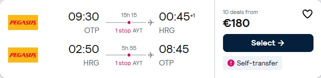 Cheap flights from Bucharest, Romania to Hurghada, Egypt for only €180 roundtrip. Flight deal ticket image.