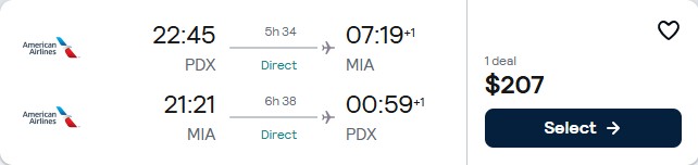Click here to book this cheap flight deal. Non-stop flights from Portland, Oregon to Miami for only $207 roundtrip with American Airlines. Also works in reverse. Flight deal ticket image.