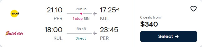 Cheap flights from Perth, Australia to Kuala Lumpur, Malaysia for only $340 AUD roundtrip. Flight deal ticket image.