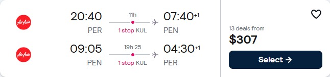Cheap flights from Perth, Australia to Penang, Malaysia for only $307 AUD roundtrip. Flight deal ticket image.