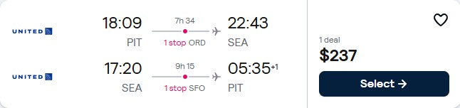 Click here to book this cheap flight deal. Summer flights from Pittsburgh to Seattle for only $237 roundtrip with United Airlines. Also works in reverse. Flight deal ticket image.