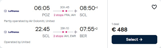 Click here to book this cheap flight deal. Open-jaw flights from Poznan, Poland to Santiago, Chile returning to Berlin, Germany for only €488 with Lufthansa and United Airlines. Flight deal ticket image.