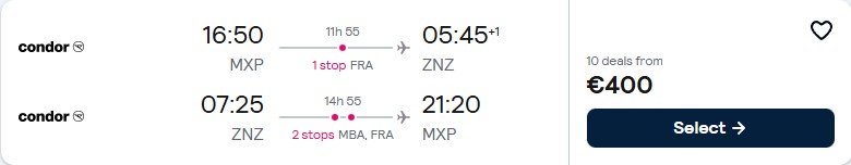 Click here to book this cheap flight deal. Cheap flights from European cities to Zanzibar, Tanzania from only €400 roundtrip. Flight deal ticket image.
