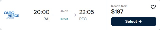 Click here to book this cheap flight deal. Non-stop flights from Praia, Cape Verde to Recife, Brazil for only $187 USD one-way. Flight deal ticket image.