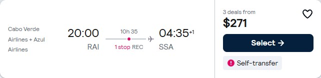 Click here to book this cheap flight deal. Cheap flights from Praia, Cape Verde to Salvador, Brazil for only $271 USD one-way. Flight deal ticket image.