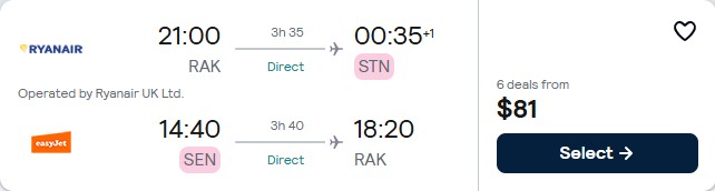 Non-stop flights from Marrakesh, Morocco to London, UK for only $81 USD roundtrip. Flight deal ticket image.