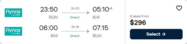 Click here to book this cheap flight deal. Non-stop, summer flights from Riyadh, Saudi Arabia to Karachi, Pakistan for only $296 USD roundtrip. Flight deal ticket image.