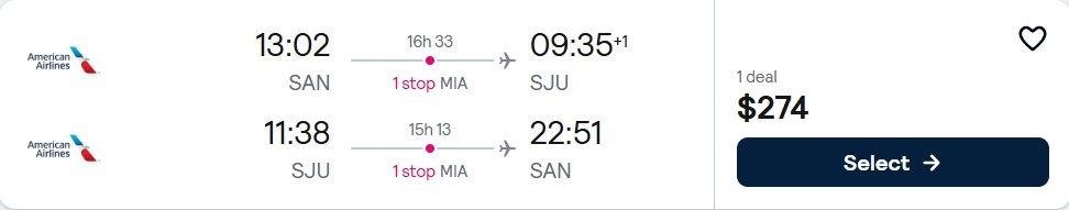 Cheap flights from San Diego to San Juan, Puerto Rico for only $274 roundtrip with American Airlines. Flight deal ticket image.