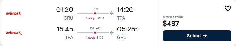 Summer flights from Sao Paulo, Brazil to Tampa, Florida for only $487 USD roundtrip with Avianca. Flight deal ticket image.