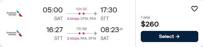 Click here to book this cheap flight deal. Cheap flights from San Antonio, Texas to the US Virgin Islands for only $260 roundtrip with American Airlines. Flight deal ticket image.