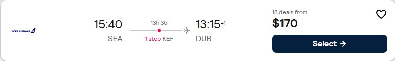 Summer flights from Seattle to Dublin, Ireland for only $170 one-way. Flight deal ticket image.