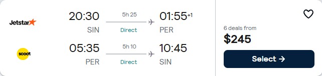 Click here to book this cheap flight deal. Non-stop flights from Singapore to Perth, Australia for only $245 USD roundtrip with Jetstar. Flight deal ticket image.