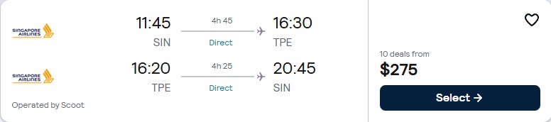 Click here to book this cheap flight deal. Non-stop flights from Singapore to Taipei, Taiwan for only $275 USD roundtrip with Singapore Airlines. Flight deal ticket image.