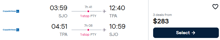 Cheap flights from San Jose, Costa Rica to Tampa, Florida for only $283 USD roundtrip with Copa Airlines. Flight deal ticket image.