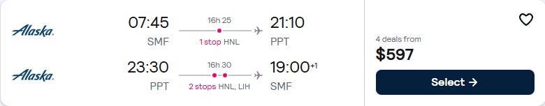 Click here to book this cheap flight deal. Summer flights from Sacramento, California to Tahiti, French Polynesia for only $597 roundtrip with Alaska Airlines. Flight deal ticket image.