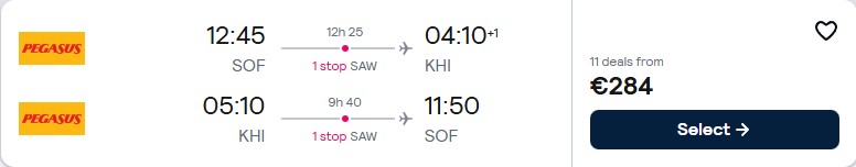 Click here to book this cheap flight deal. Cheap flights from Sofia, Bulgaria to Karachi, Pakistan for only €284 roundtrip. Flight deal ticket image.