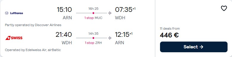 Click here to book this cheap flight deal. Cheap flights from Stockholm, Sweden to Windhoek, Namibia for only €446 roundtrip with Lufthansa. Flight deal ticket image.