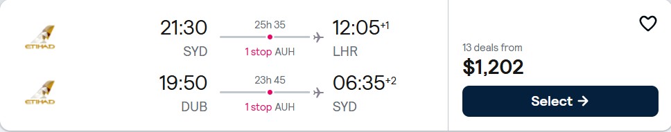 Open-jaw flights from Sydney, Australia to London, UK returning from European cities from only $1202 AUD roundtrip with Etihad Airways. Flight deal ticket image.
