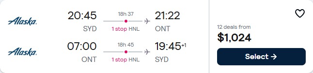 Click here to book this cheap flight deal. Cheap flights from Sydney, Australia to Ontario, California for only $1024 AUD roundtrip with Alaska Airlines. Flight deal ticket image.