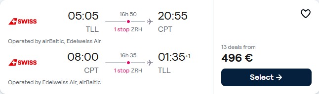 Click here to book this cheap flight deal. Cheap flights from Tallinn, Estonia to Cape Town, South Africa for only €496 roundtrip. Flight deal ticket image.