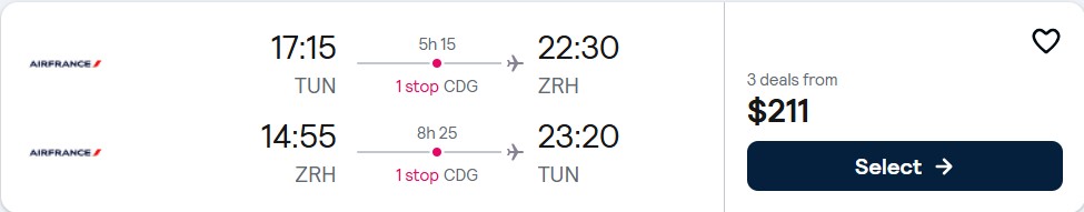 Cheap flights from Tunis, Tunisia to Zurich, Switzerland for only $211 USD roundtrip with Air France. Flight deal ticket image.