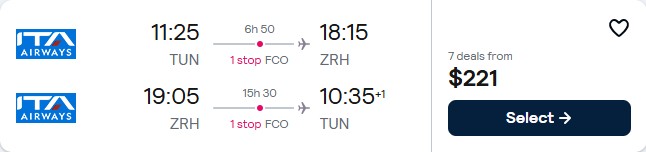 Cheap flights from Tunis, Tunisia to Zurich, Switzerland for only $221 USD roundtrip. Flight deal ticket image.