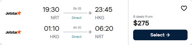 Click here to book this cheap flight deal. Non-stop flights from Tokyo, Japan to Hong Kong for only $275 USD roundtrip. Flight deal ticket image.